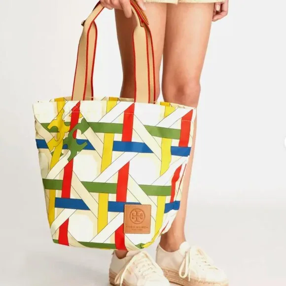 NWT! NEW! Tory Burch Ella Market Tote Bag -Large -Nylon Gracie Basket Weave - Picture 2 of 10